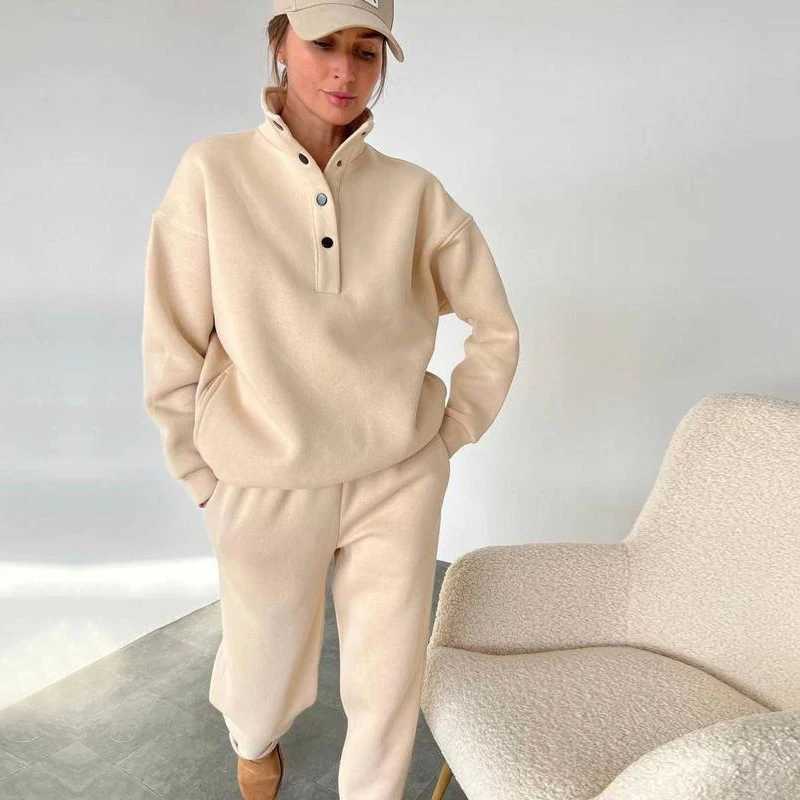 2024 new womens casual sportswear solid color stand up collar Fe hooded sweatshirt sports pants two-piece setXJ250414