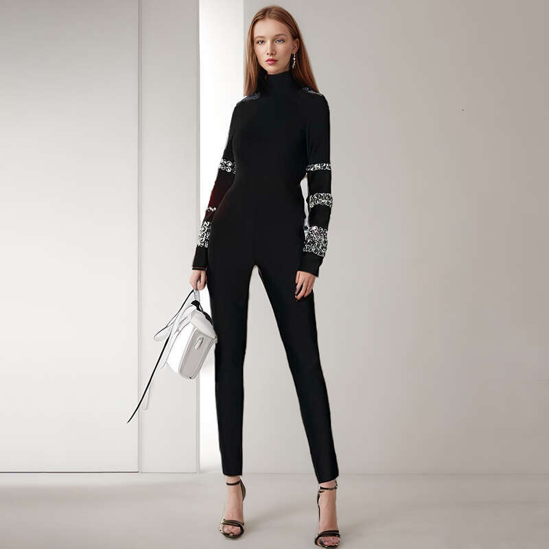 Designer Slimming Design Women's Jumpsuit - Customizable Style, High Neck, Long Sleeves for a Sleek Look