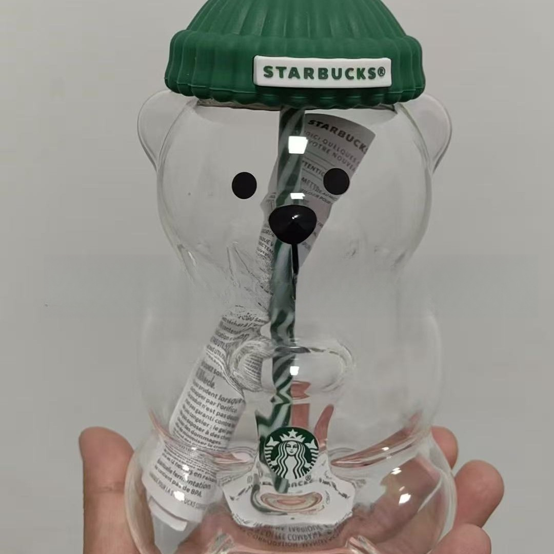 New Designer Star bucks Glass Bear Cup Straw Cute Transparent Tumbler With Hat For Iced Coffee Cold Drink Christmas Tree Gift charistmas New Year Geft water bottles