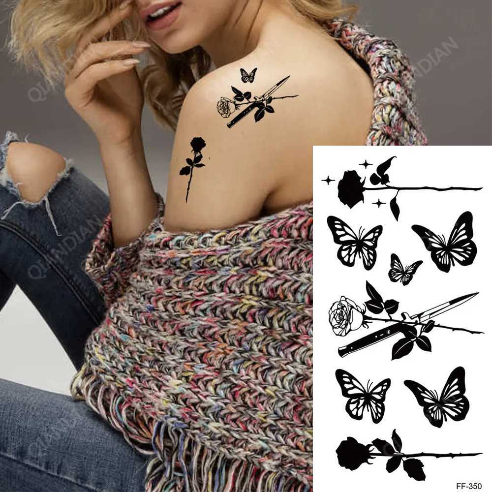 Colorful Butterfly Waterproof Temporary Tattoo Stickers Half Arm Art Fashionable Black Flower Beauty Transfer Washable TotemXJ25414