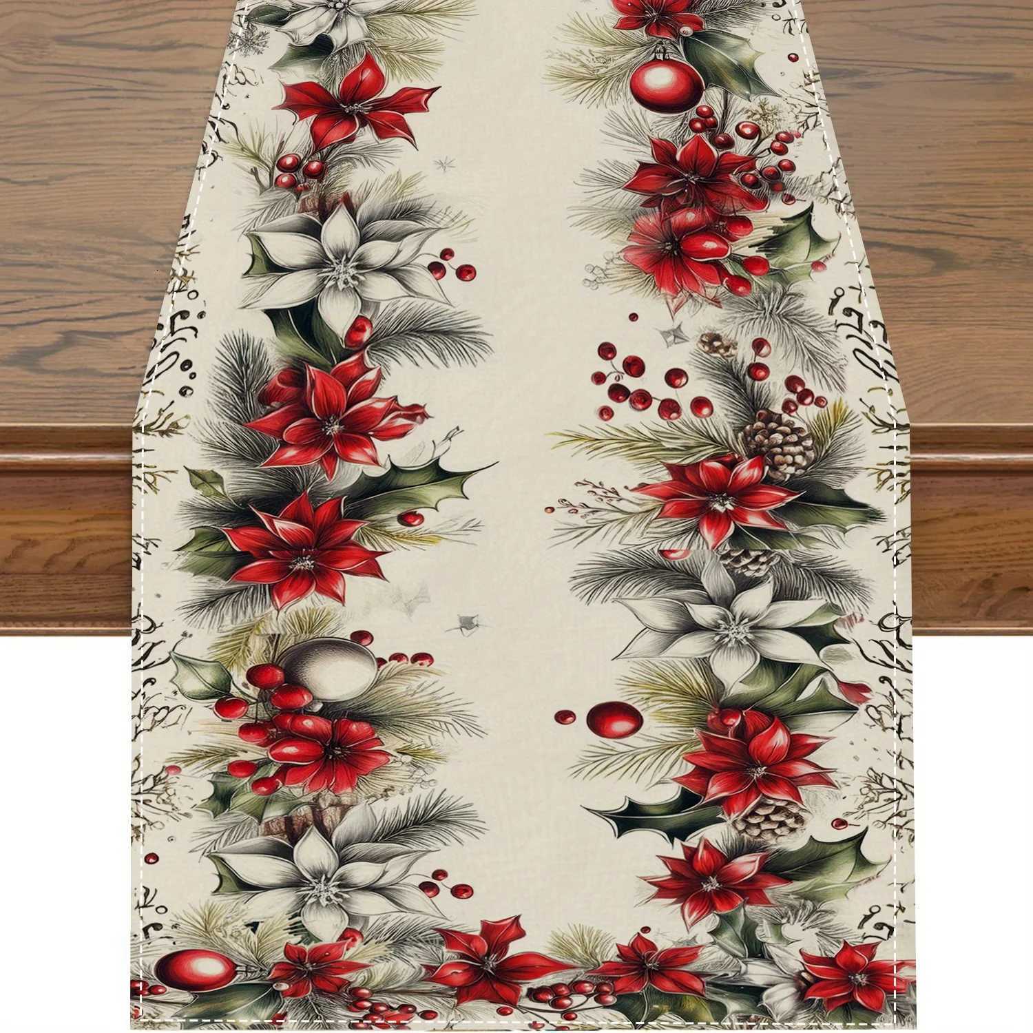 Christmas 1pc Cozy Gingerbread Christmas Table Flag with Red Poinsettia Vase for Family Gatherings and Festive Parties Y251113