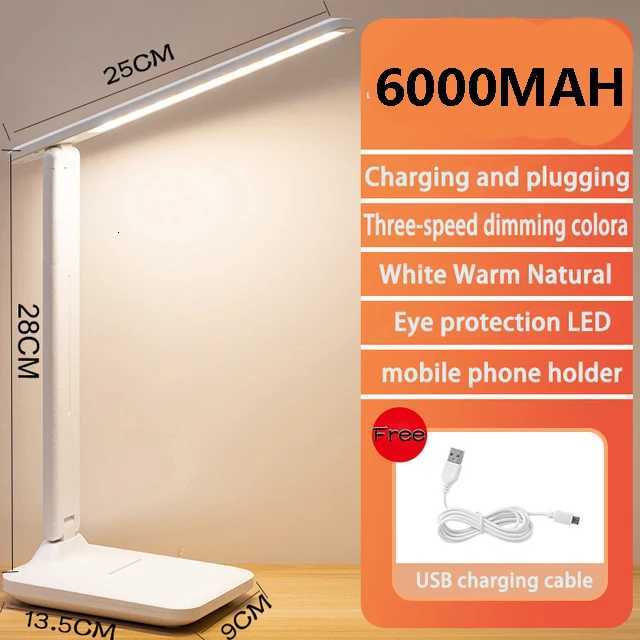 6000mAh LED Table Lamp USB Chargeable 3 Color Stepless Dimmable Desk Lamp Touch Foldable Eye Protection Reading Night Light 2023 M251114