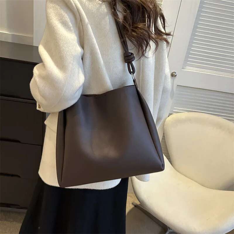 Handbag Vintage Solid Color Women Fashion Shoulder Sg High-Capacity Simple Double Strap Bucket Crossbody Bag