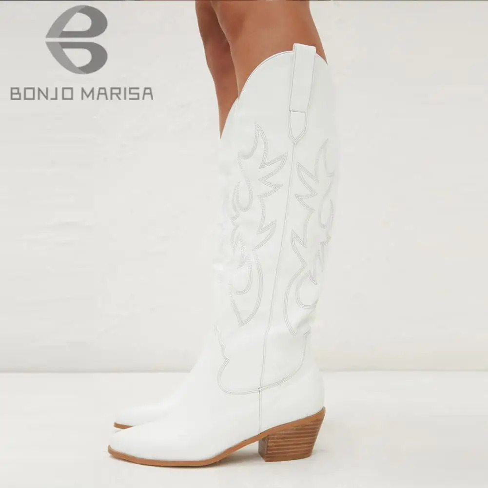BONJOMARISA White Cowboy Cowgirls Western Boots Embroidery Fashion Women Knee-High Boots Autumn n womens Boots Shoes 250411