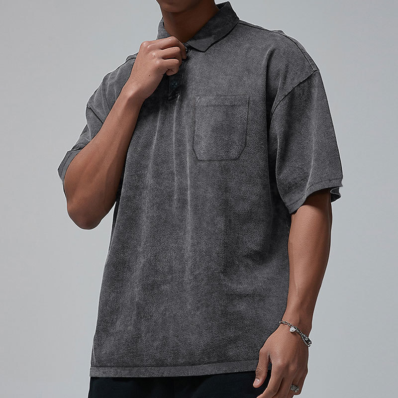 2025 New Collar Button Summer Loose Short sleeved Men's High Street T-shirt