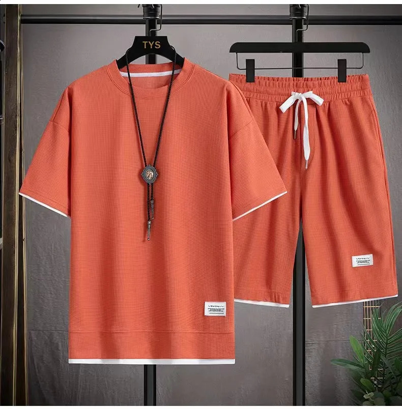 Waffle Mens Summer Short Sleeve And Shorts Two Piece Sets Sports Casual Tracksuit Men Comfortable Cool Shorts Oversized Set 250411