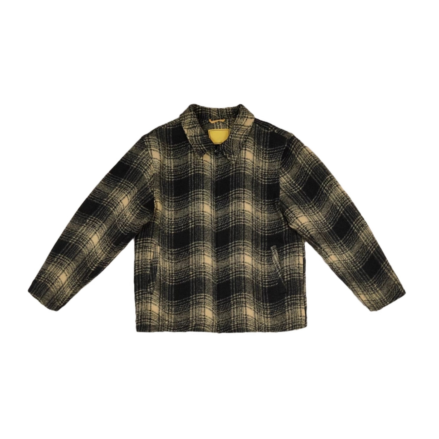 Men's Plaid Quilted Tweed Zip-up Jacket Black and Yellow Shirt style Lined Filled Loose Coat for Casual Streetwear