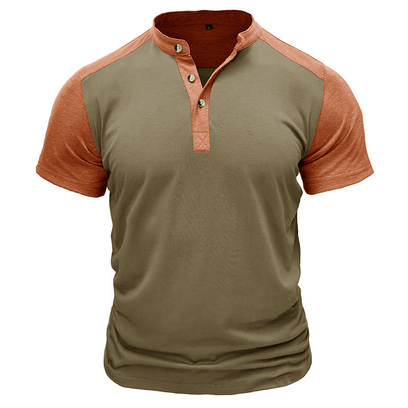 Mens Outdoor Sports Henley Shirt Mens Short sleeved Standing Neck T-shirt Fitness T-shirt Top