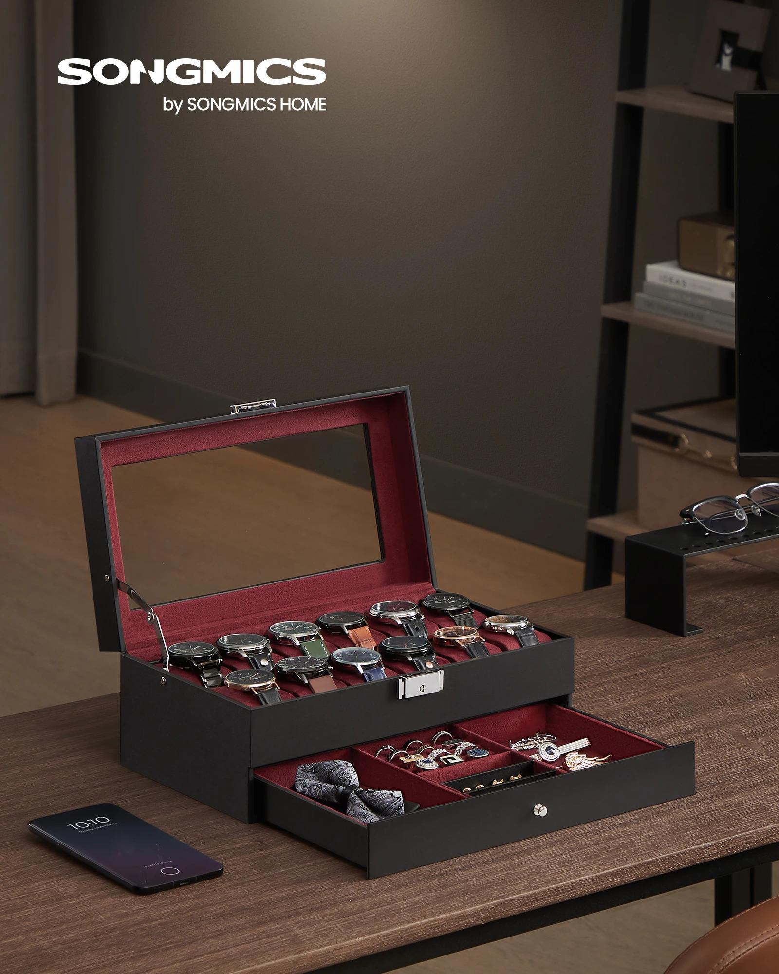SONGMICS Lockable Watch Box 12-Slot with Glass Lid 2 Layers Watch Case with 1 Drawer for Rings And Bracelets Gift Idea 251110