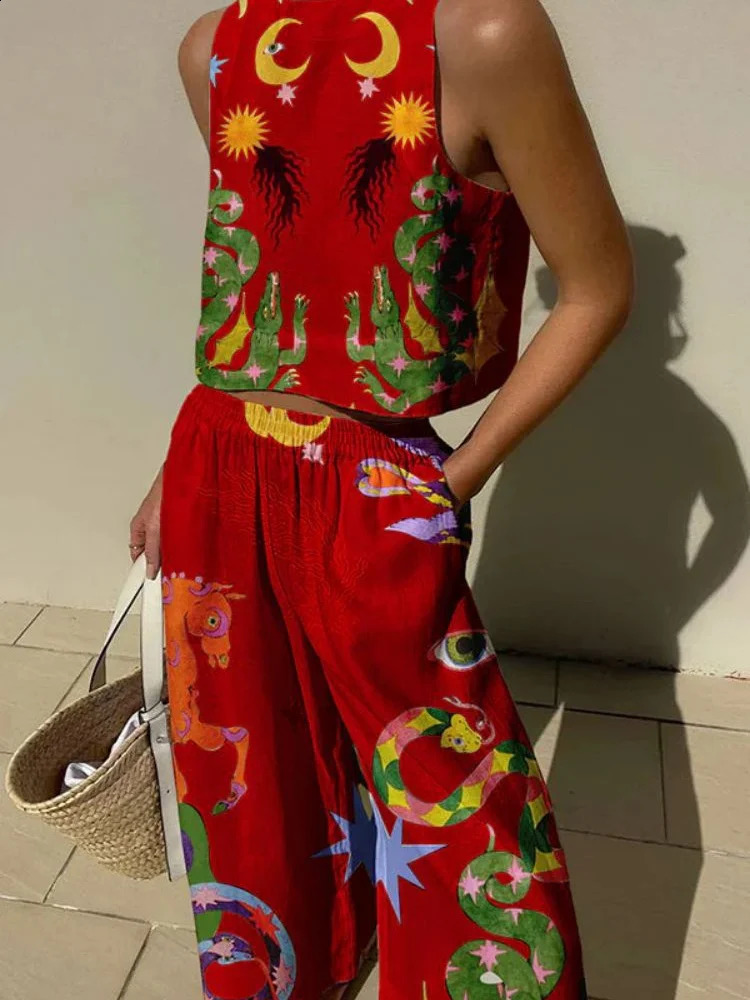 Printed Women Clothing Sleeveless Short Top Loose Pants 2-piece Set Spring/summer Hawaiian Beach Casual Set Innovative In 2024 250414