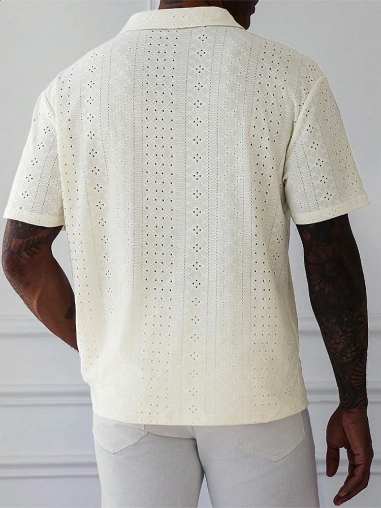 Leisure Breathable Hollow Out Tops Mens Knitted Short Sleeve Polo Collar Shirts For Men Summer Casual Pure Color Knit Polo Shirt 250411