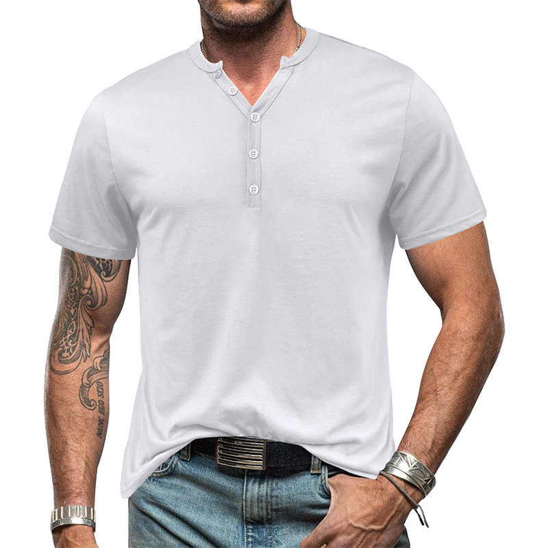 2025 Summer Mens Henry Short Sleeve T-shirt Mens Button V-Neck T-shirt Top Henleys