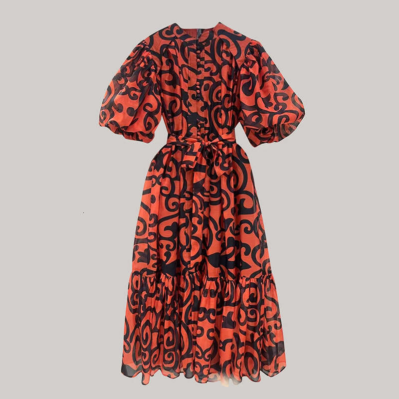 Designer Women's French Style Printed Maxi Dress with Bubble Sleeves - Loose Fit, Round Neck for Summer