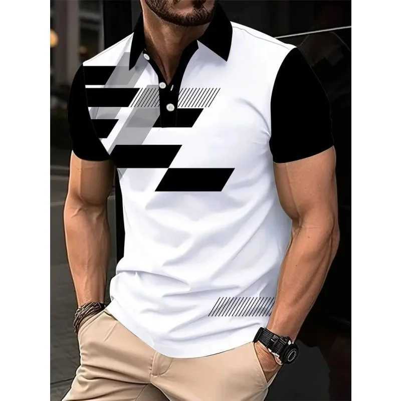 3D printed color geometric polo shirt mens color block graphic short sleeved T-shirt casual button top loose polo shirt W250414