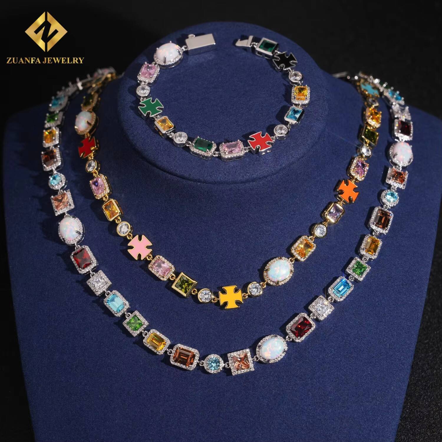 Wholesale Price Iced Out Urban Multi Color Cubic Zirconia Gemstone Tennis Bracelet Mixed Colored Enamel Motif Cz Bracelet