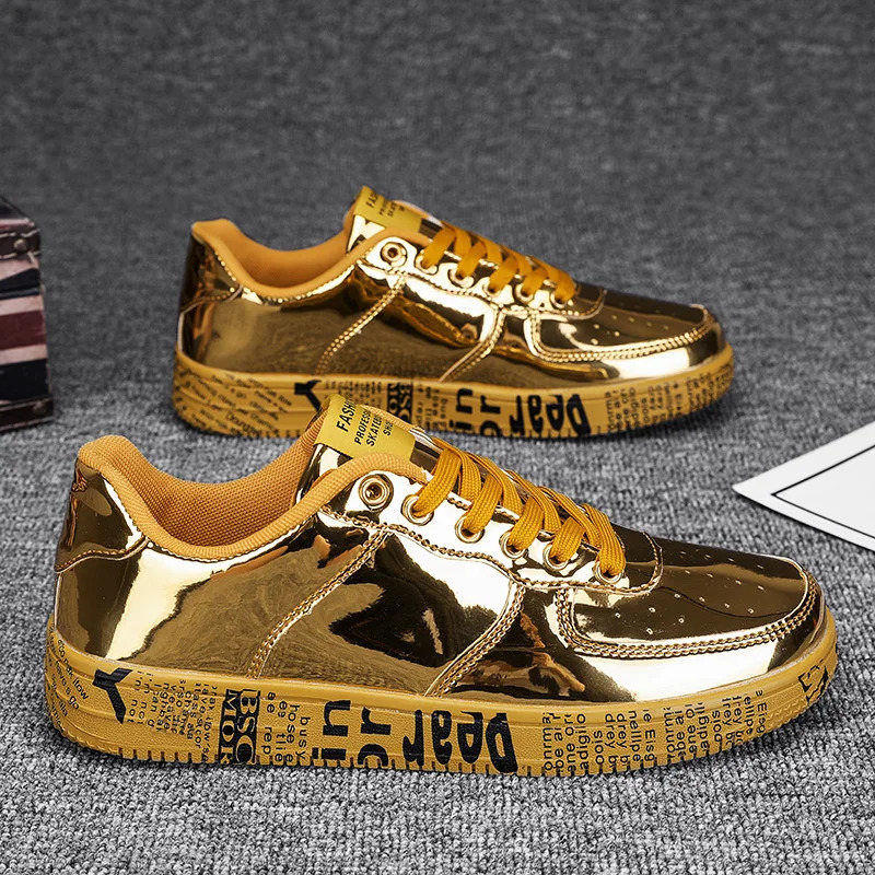 gold sports shoes for couples luxurious casual sparkling sports shoes mens hip-hop street clothing skateboarding shoes mens graphic shoes 250410