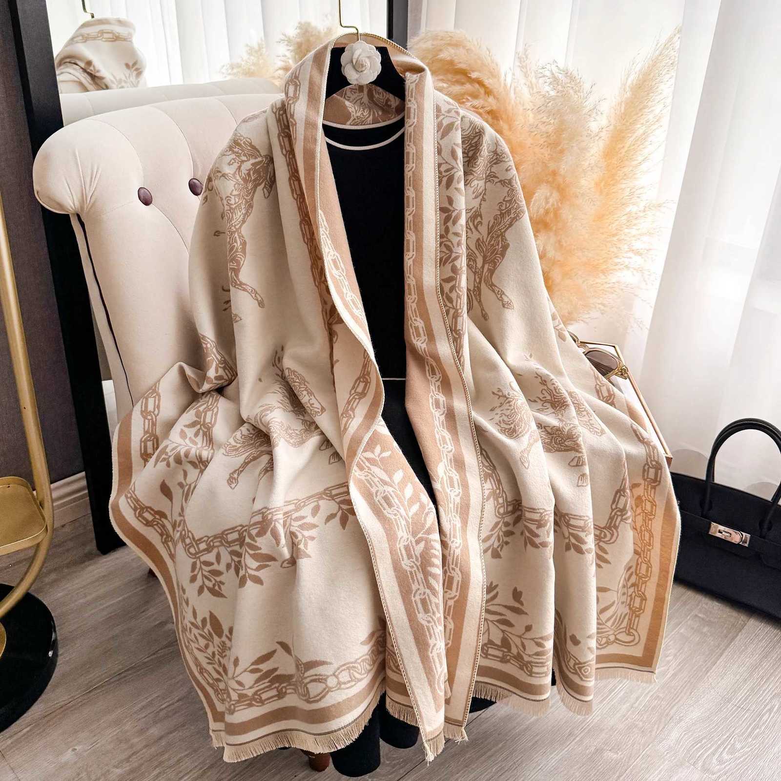 Luxury Luxury Leaf Animal Print Scarf for Women - Warmer Winter Imitation Cashmere Pashmina Scarves Thick Female Blanket Wraps Y251114