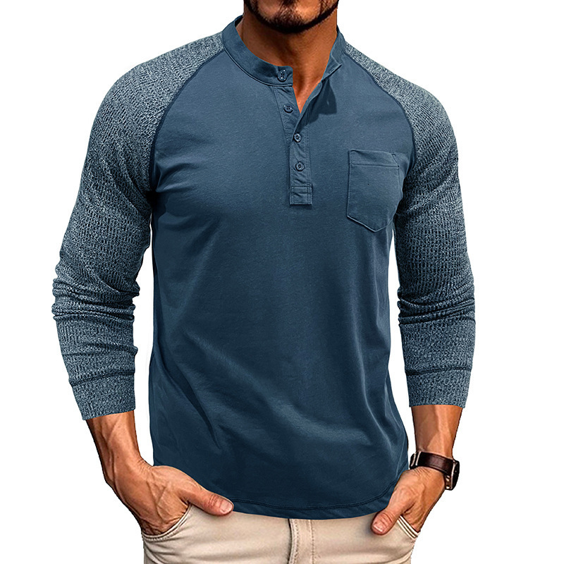 Mens round neck ribbed patchwork sleeves with raglan Henley base long sleeved mens T-shirt top tough cotton shirt for men