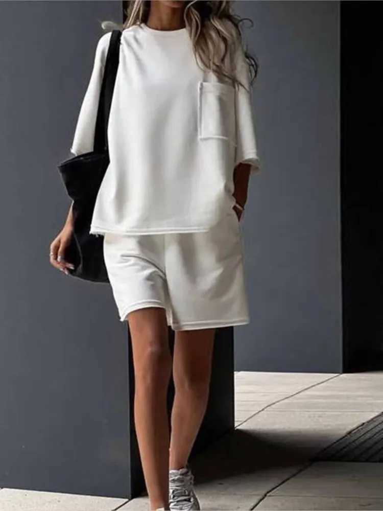 Casual and casual short sports two-piece set womens solid color loose half Sves T-shirt two-piece set womens streetwearXJ250414