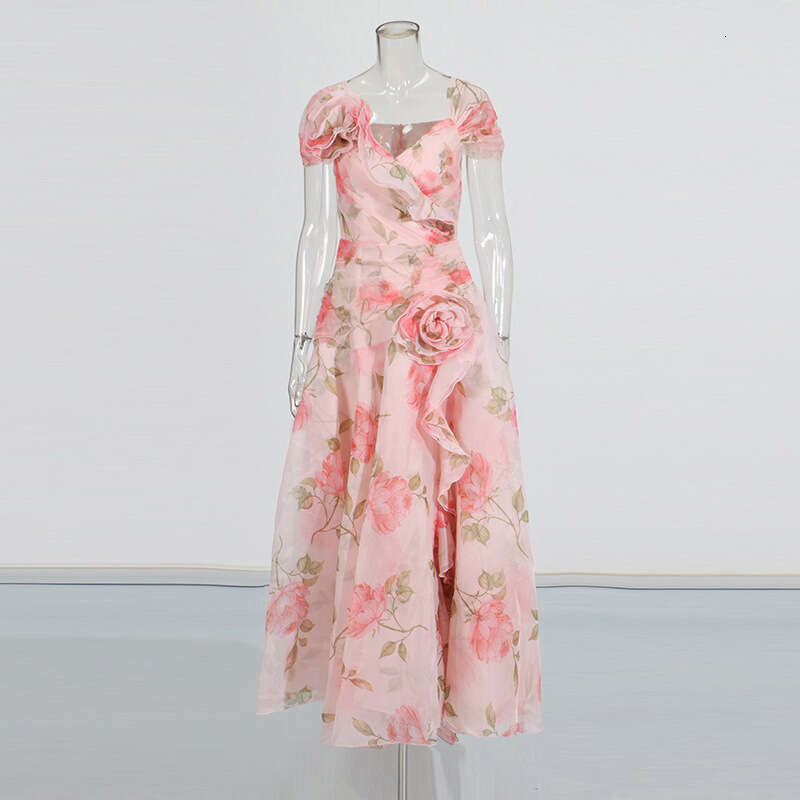 Designer Mingyuan Spring 2025 V-Neck Long Dress for Women - Floral Print with Three-Dimensional Detailing