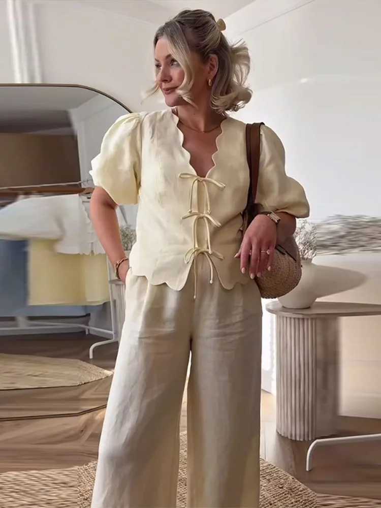 Casual Womens 3-Piece Summer Bow Lace Shorts Sve Top Elastic Waist Shorts with Drstring Skirt 2025 Vacation Womens SetXJ250414