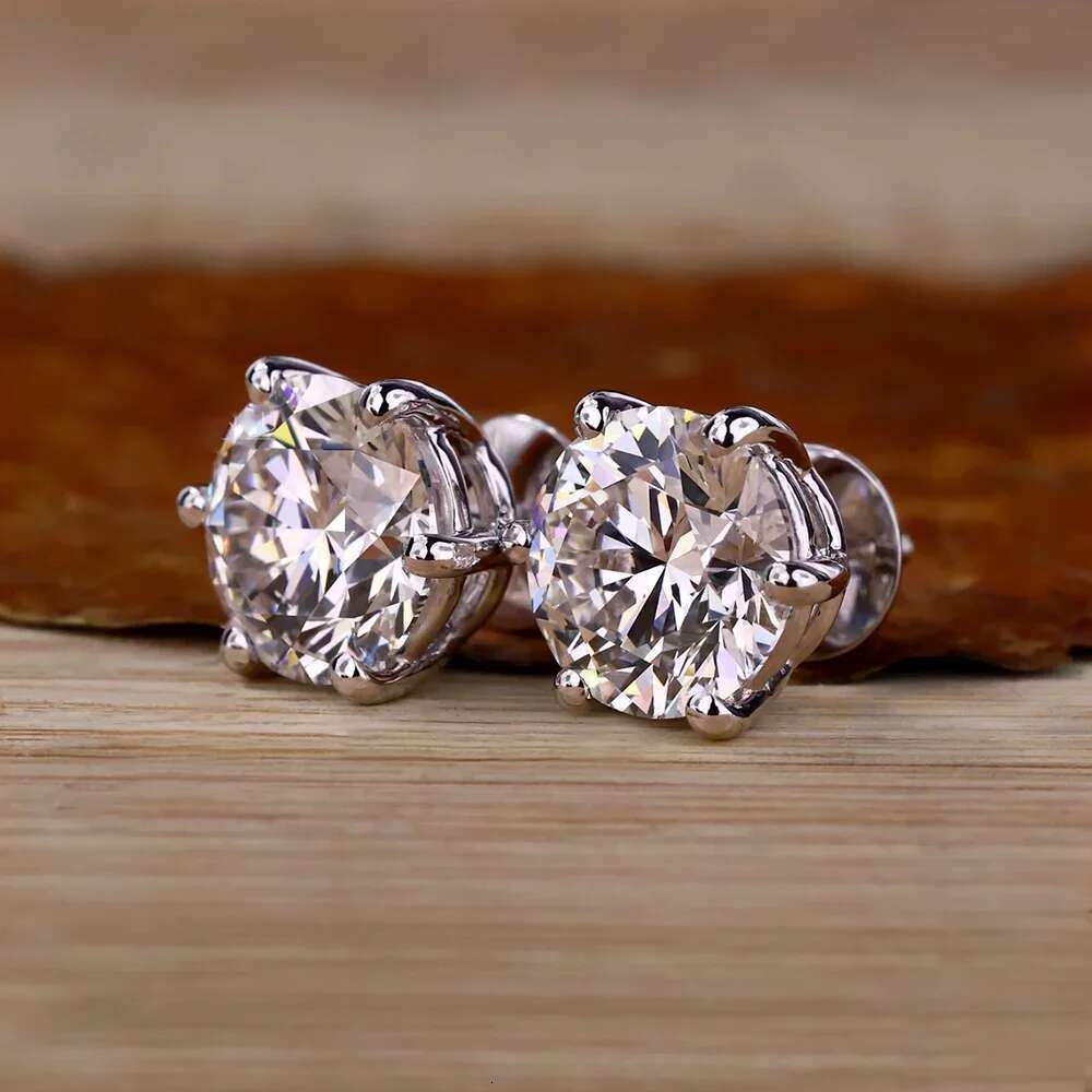 2 Carat Classic Moissanite Stud Earrings 925 Sterling Silver For Women 6-Claw D Color Sparkling Diamond Round Ear Studs with GRA