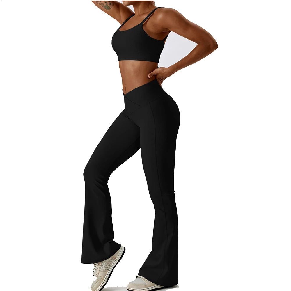 Women Soft Compression Elastic V Cut Ribbed Dance Flare Pants and Bra Set New Solid Color Gym Fitness Yoga Set 250414