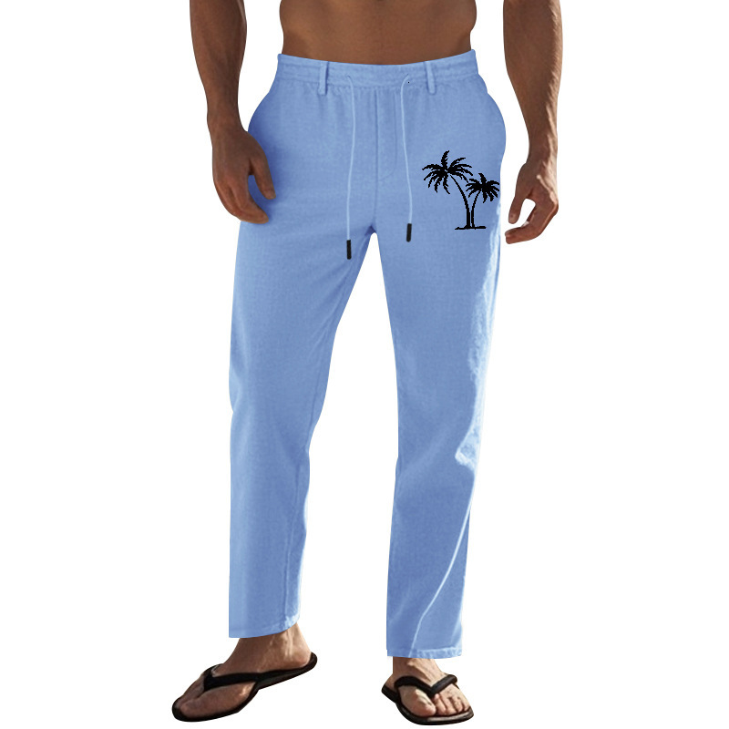 American men's coconut tree print breathable linen loose casual sports pants for men
