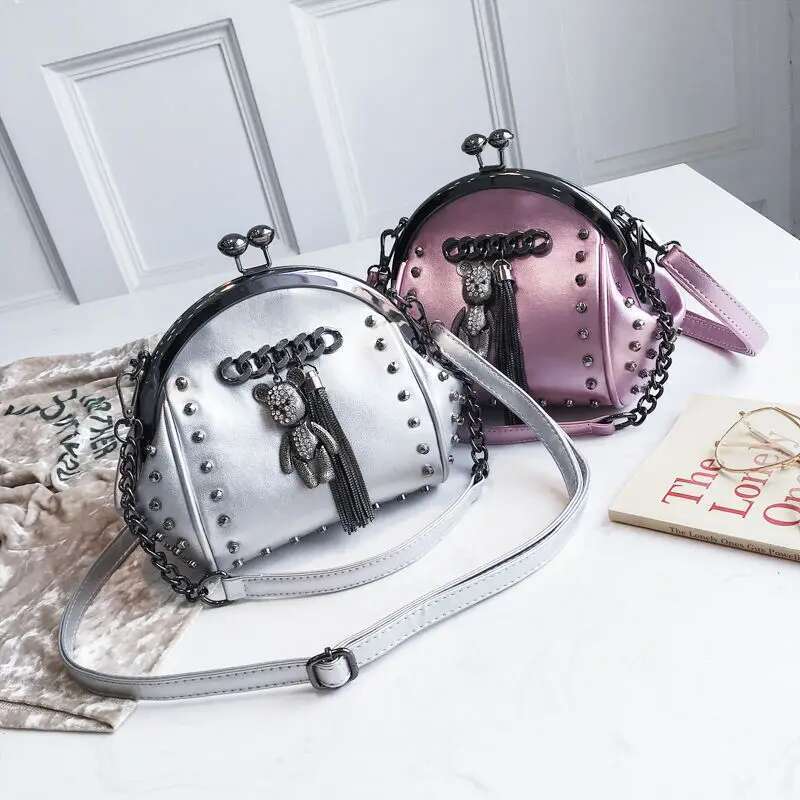 Lock Shell Bags Rivet Metal Fringe Dia Women Shoulder Crossbody Bag TWO Straps PU Leather Chain Women's Handbags Purses