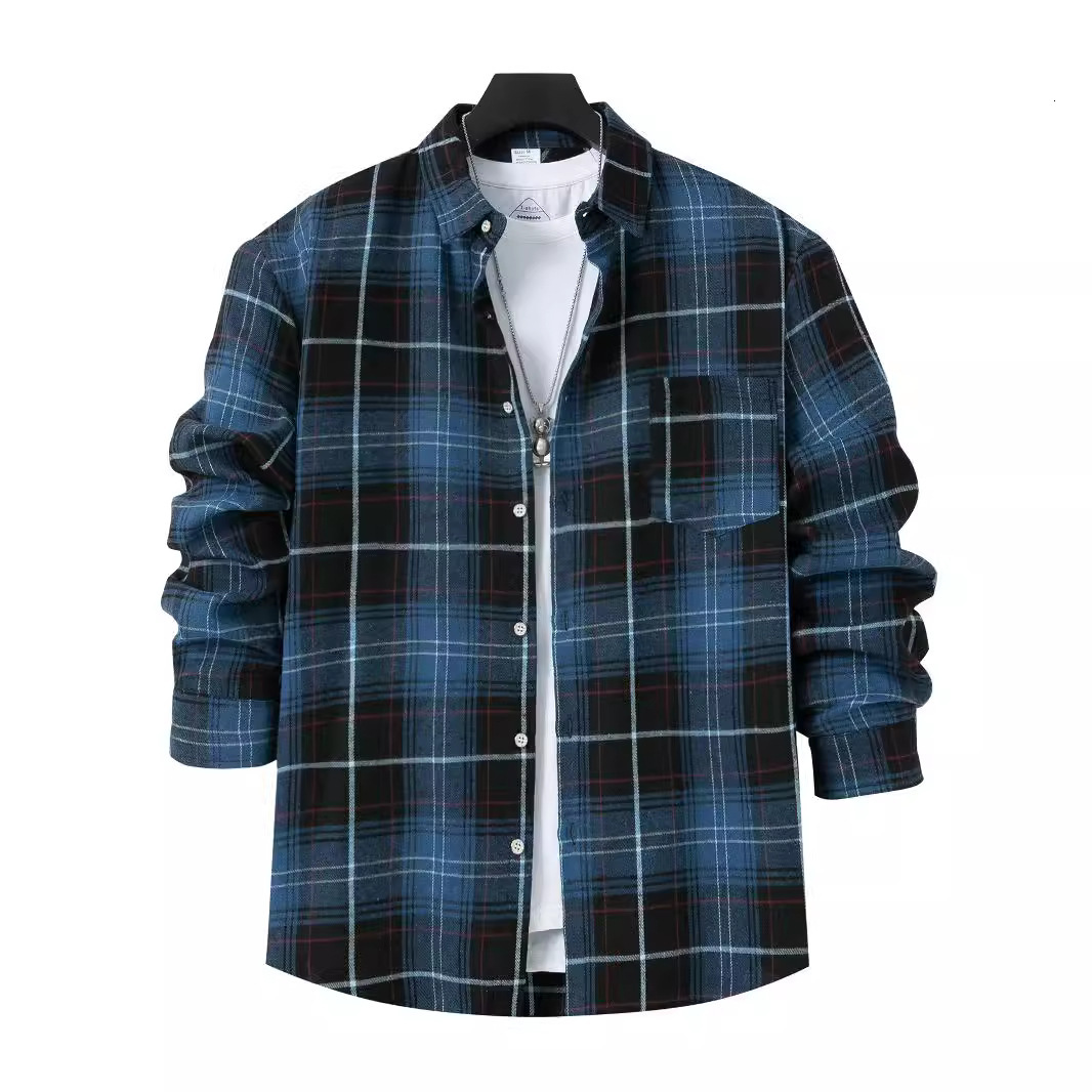 2025 new fashionable men's brushed thin plaid long sleeved light mature casual shirt