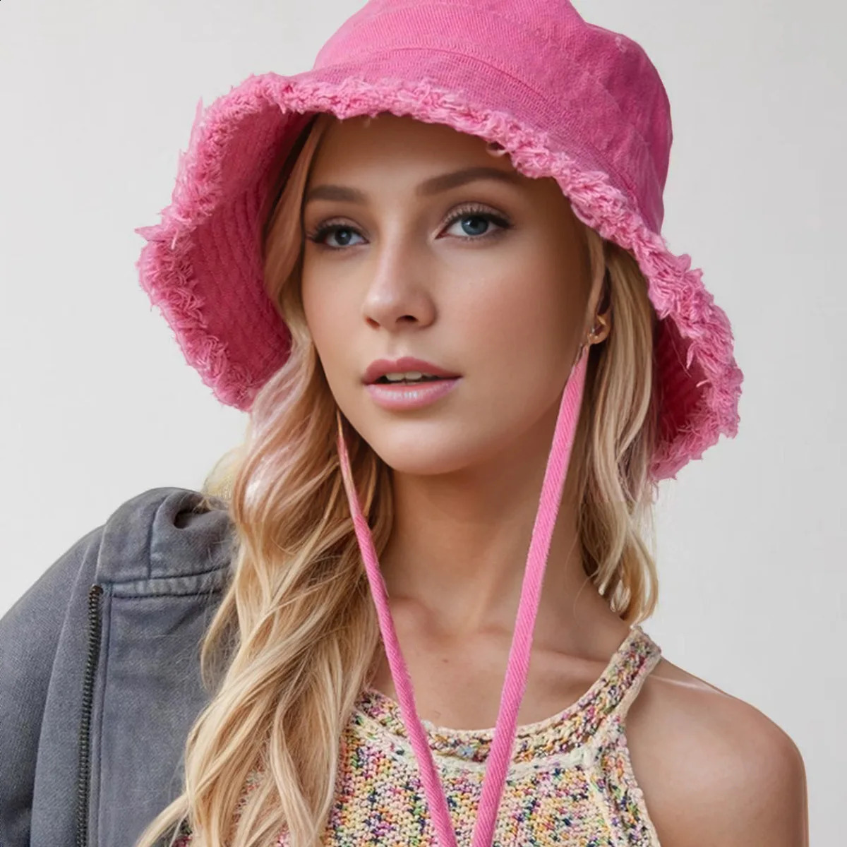 Ladies denim pulled edge bucket hat sun resistant outdoor hiking hat adjustable stylish daily travel headwear 250409