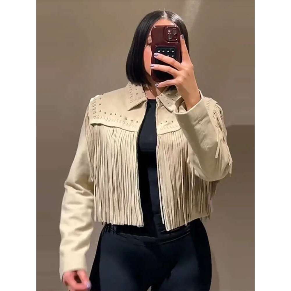 Tassel Suede Jacket Cardigan Coat Fringe Woven Retro Casual Lapel Collar Slim Fit Fashion Street Women Short Outwear Top Spring