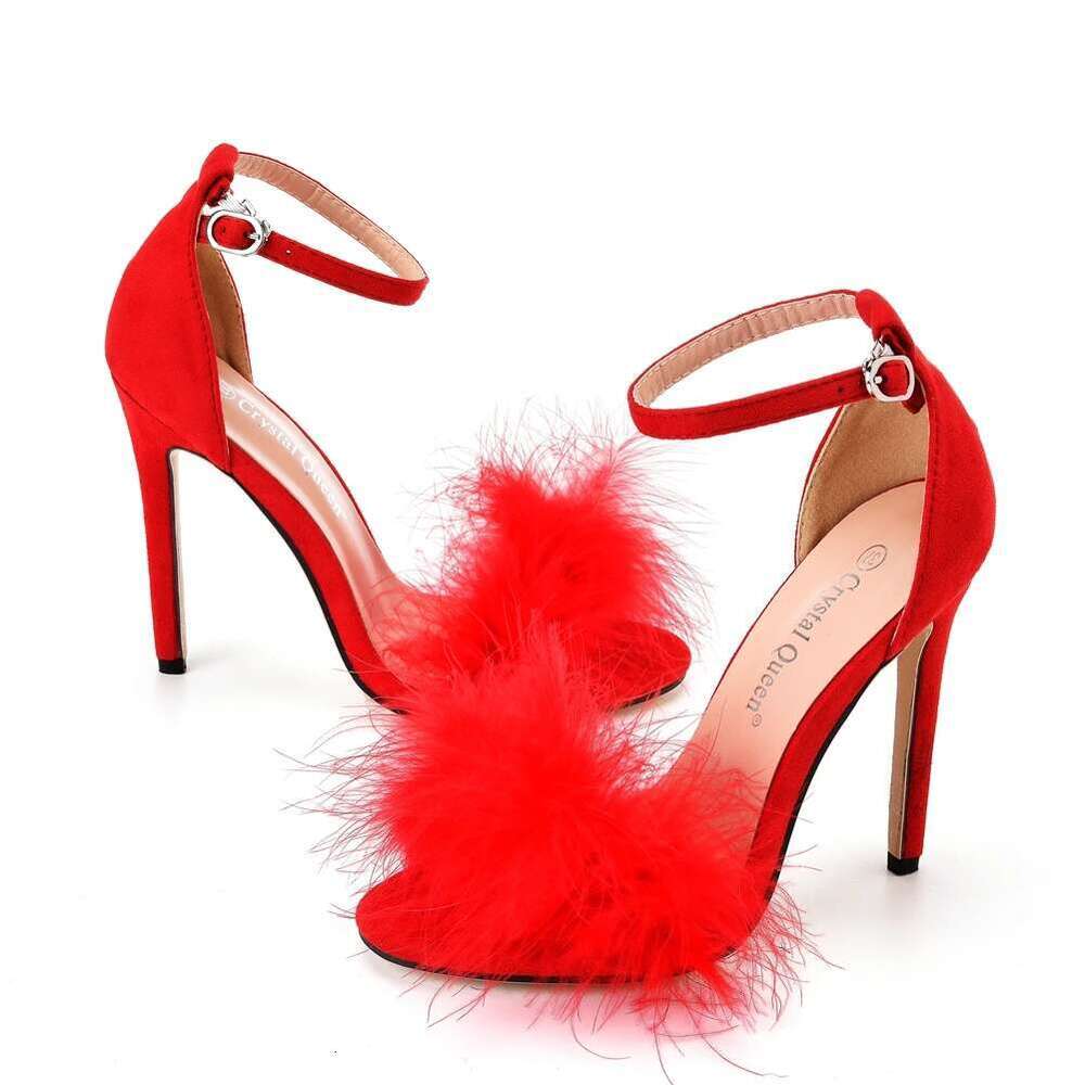 Crystal Queen Women Summer Sandals Fluffy Peep Toe Stilettos High Heels Fur Feather Lady Wedding Shoes Large Size 42