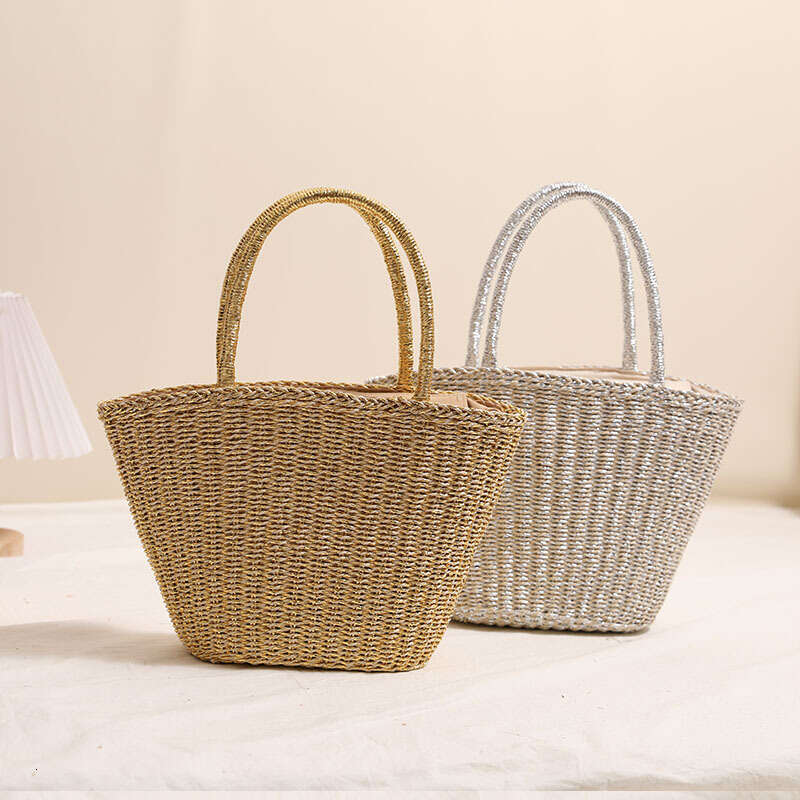Handmade Beach Bag Korean Gold And Silver Grass New Fashionable Solid Color Woven Women's Vacation Beach Bag, Niche Handbag Kq2