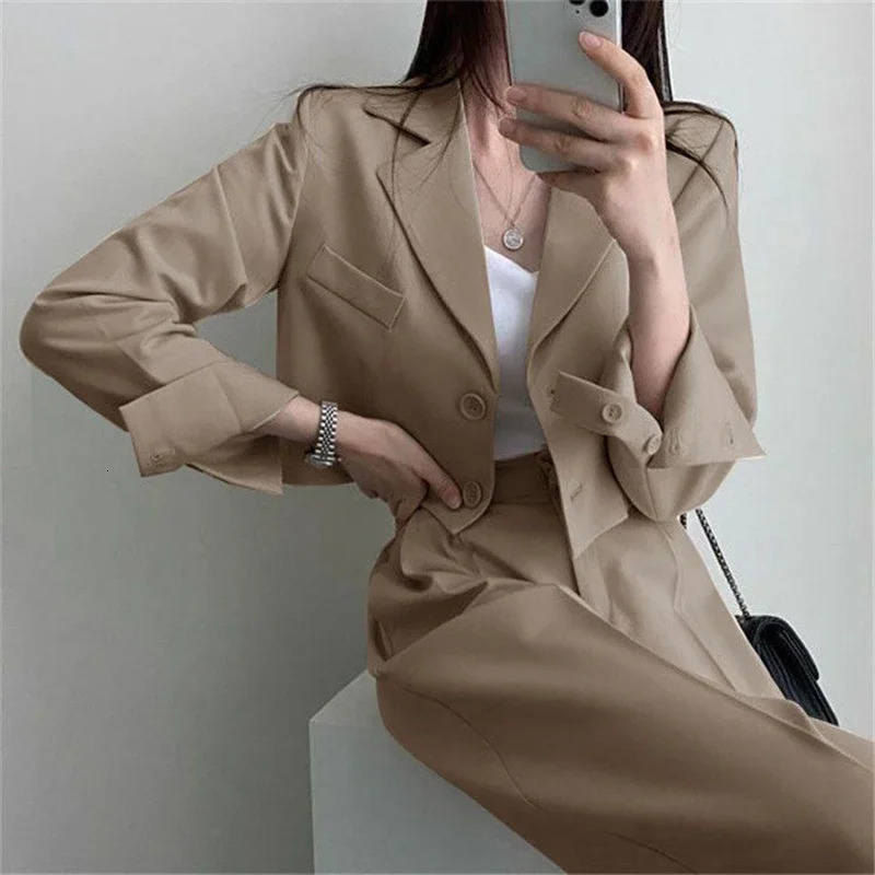Tempering Cropped Blazer for Women Korean Fashion Office Long Sleeve Set Jacket 2024 Single Chest 250414Z