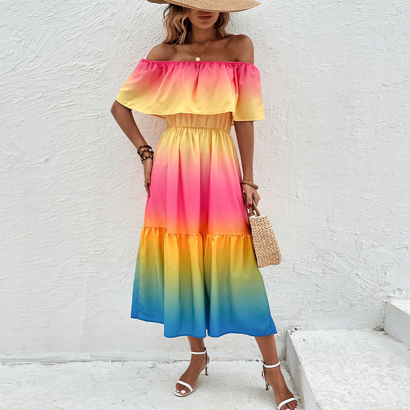 Fashionable and sexy rainbow colored one-piece lotus shoulder dress with pleats and A-line small swing skirt
