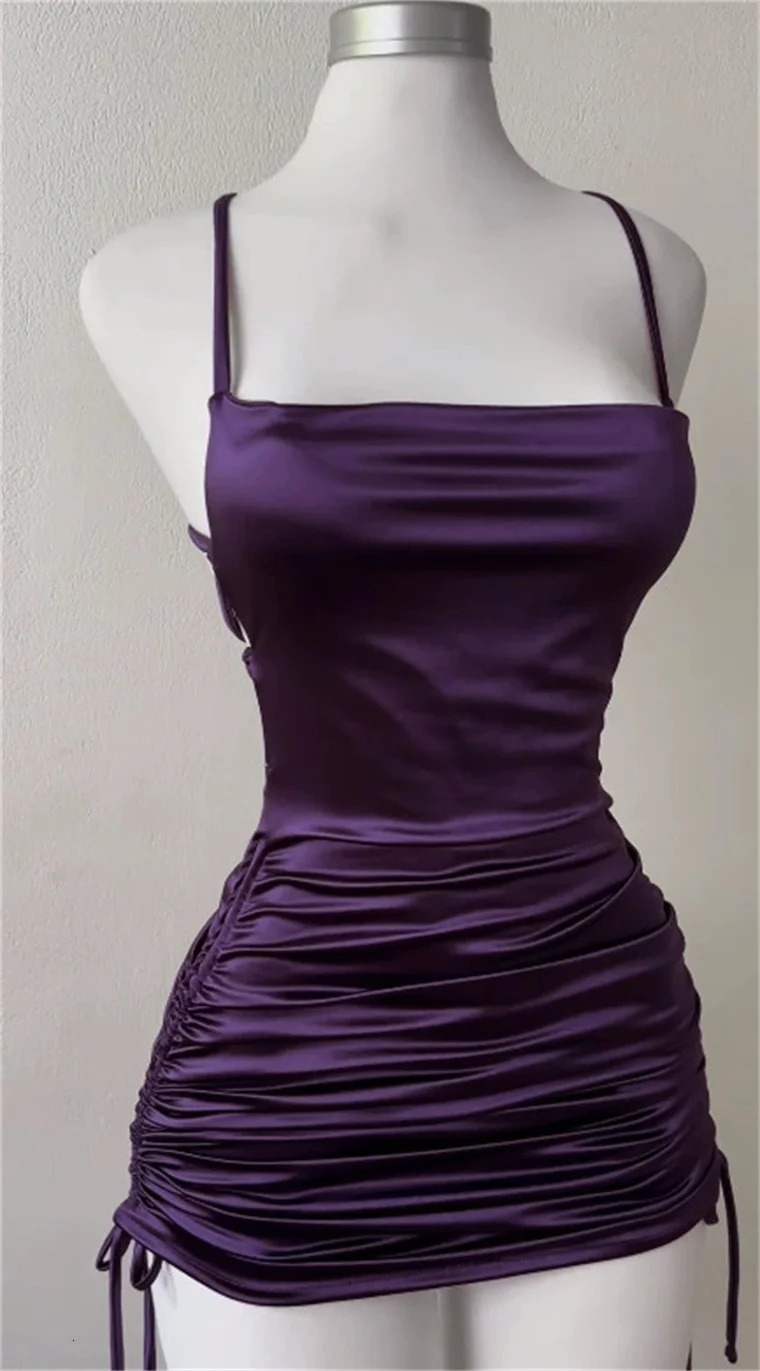 Sexy sleeveless backless mini dress for womens summer satin lace party club street black Y2K 2025 robe 250414