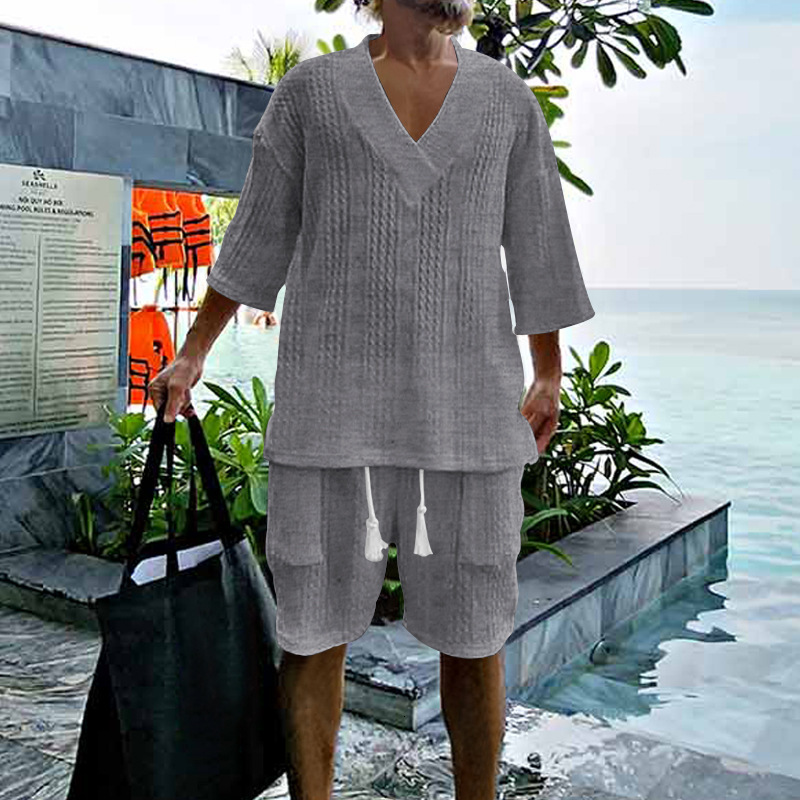 2025 New Sports and Leisure Jacquard Set for Summer Seaside Oversized Loose Men's Wear