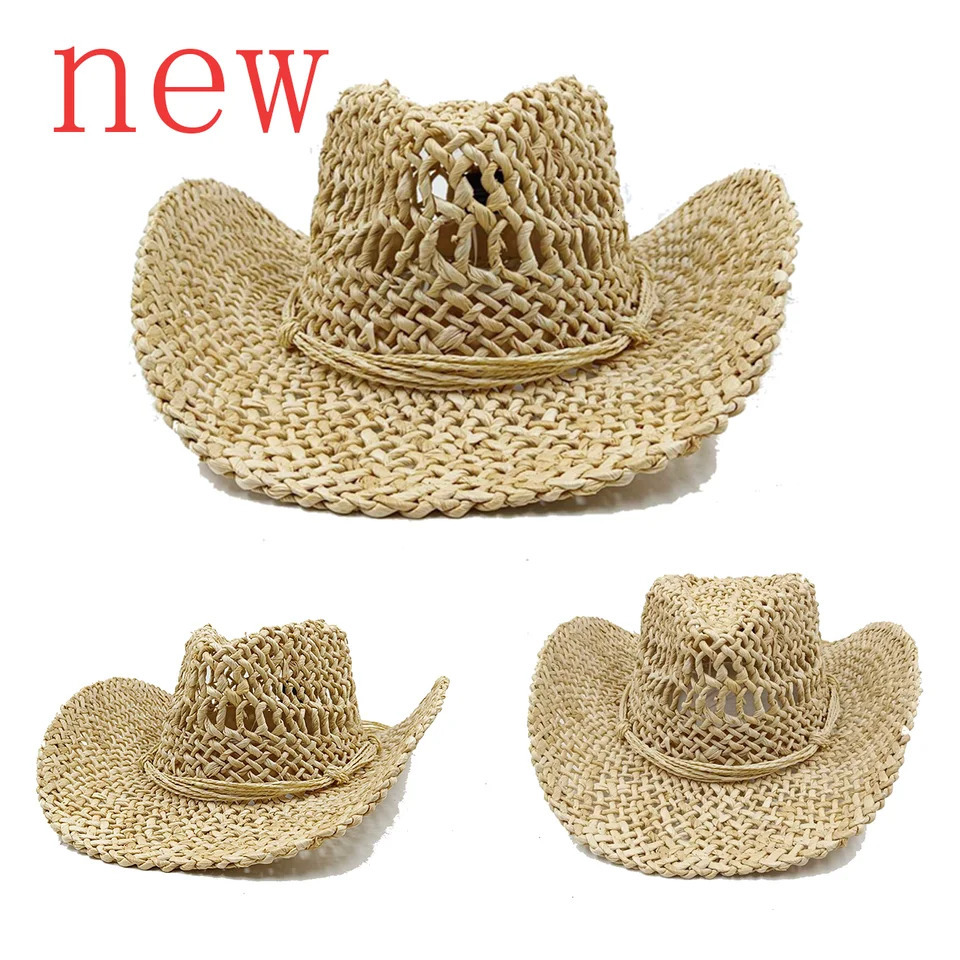 Corn husk material straw hat western cowboy hat spring and summer men and women Panama sun hat elegant cowboy straw hat 250407