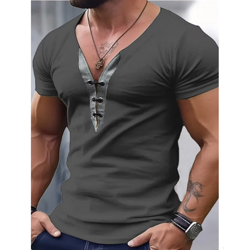 Spring mens V-neck sports fitness casual short sleeved shirt single American washed T-shirt