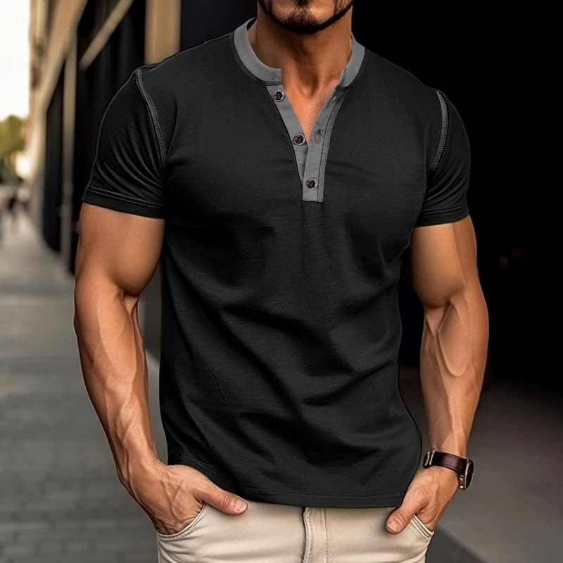 2024 summer mens short sleeved Henry collar T-shirt mens base shirt color blocked T-shirt
