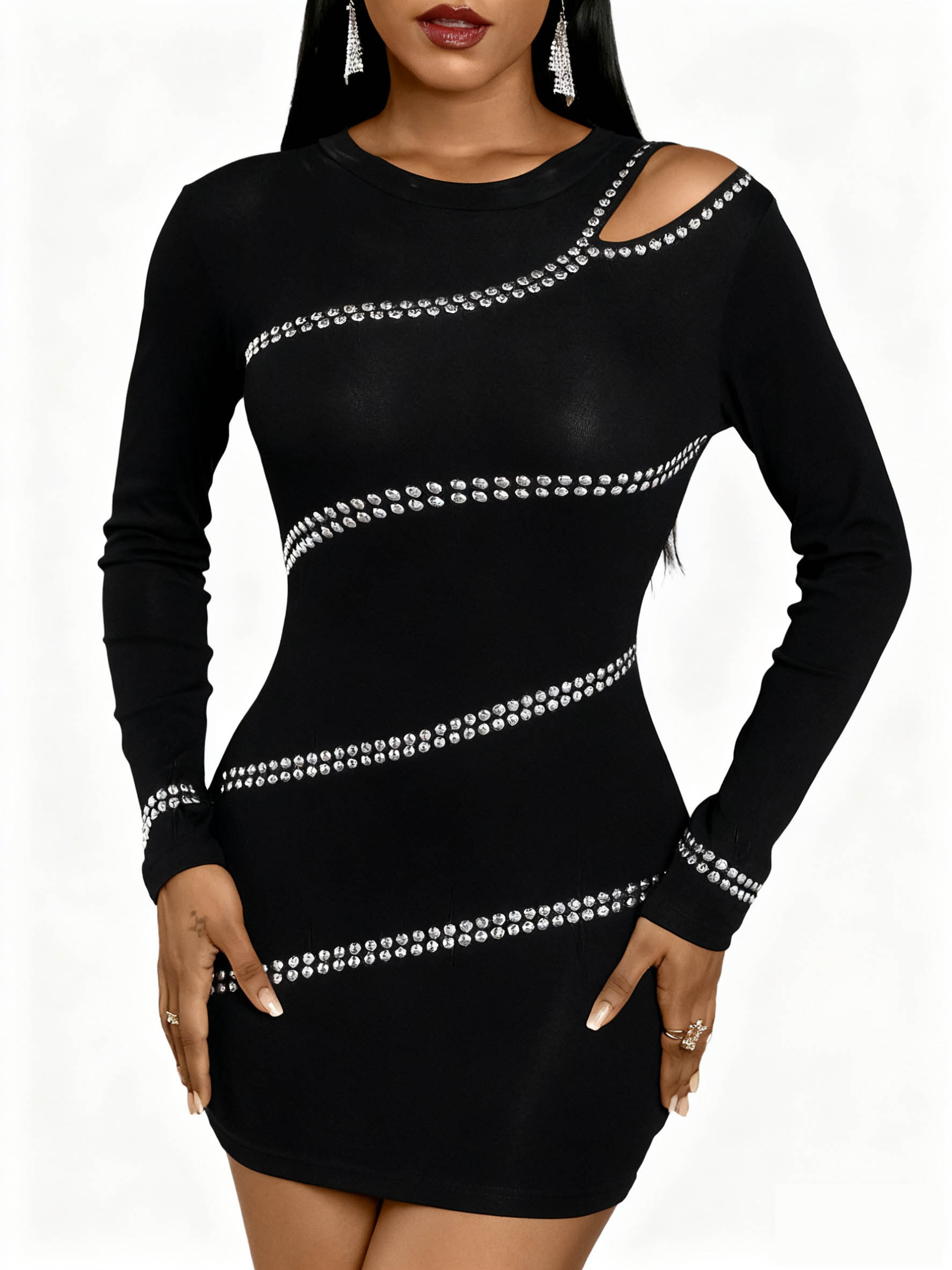 Urban Sexy Dresses Women's Black Rhinestone Striped Bodycon Mini Dress - Long Sleeve Cutout Shoulder Slim Fit Dress, Sparkly Club Party Evening D