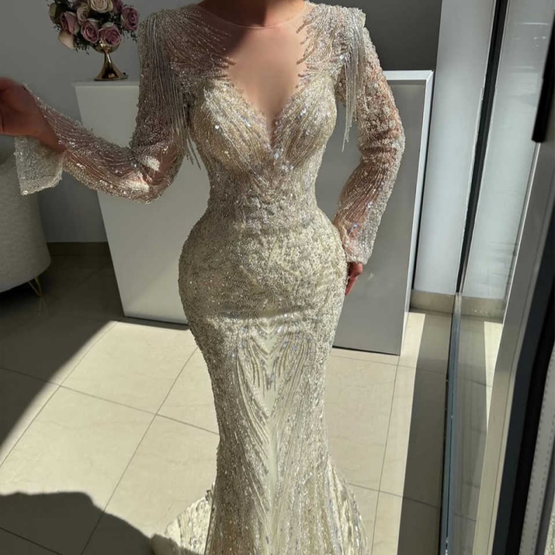 Luxury Sequins Mermaid Wedding Dress Beading O Neck Long Sleeve Bride Gowns Sheath Lace Floor-Length Bridal Dresses Customized