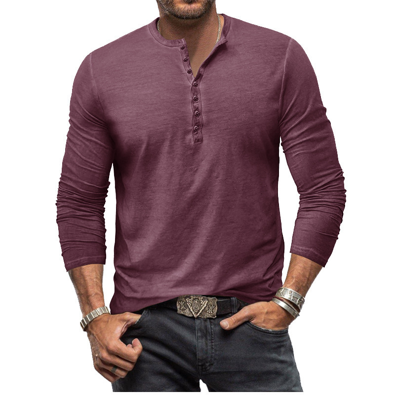 Mens Tie Dyed Henry Slim Fit Long sleeved T-shirt Button Washed Old V-neck Mens T-shirt