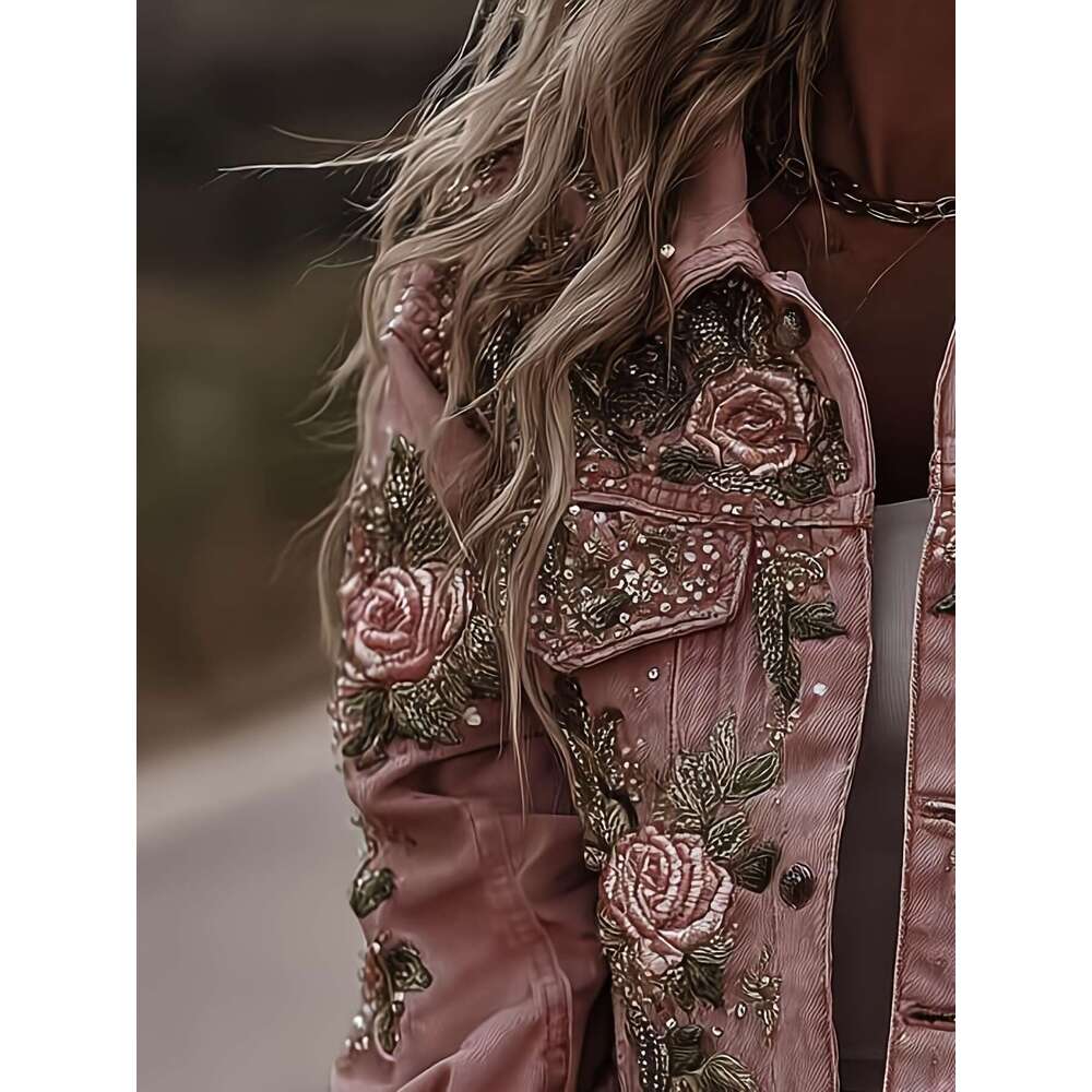Women's Elegant Retro Floral Print Imitation Denim Jacket - Structured Lapel Collar Single-Breasted Long Sleeve Coat With Button Closure, Pink & 