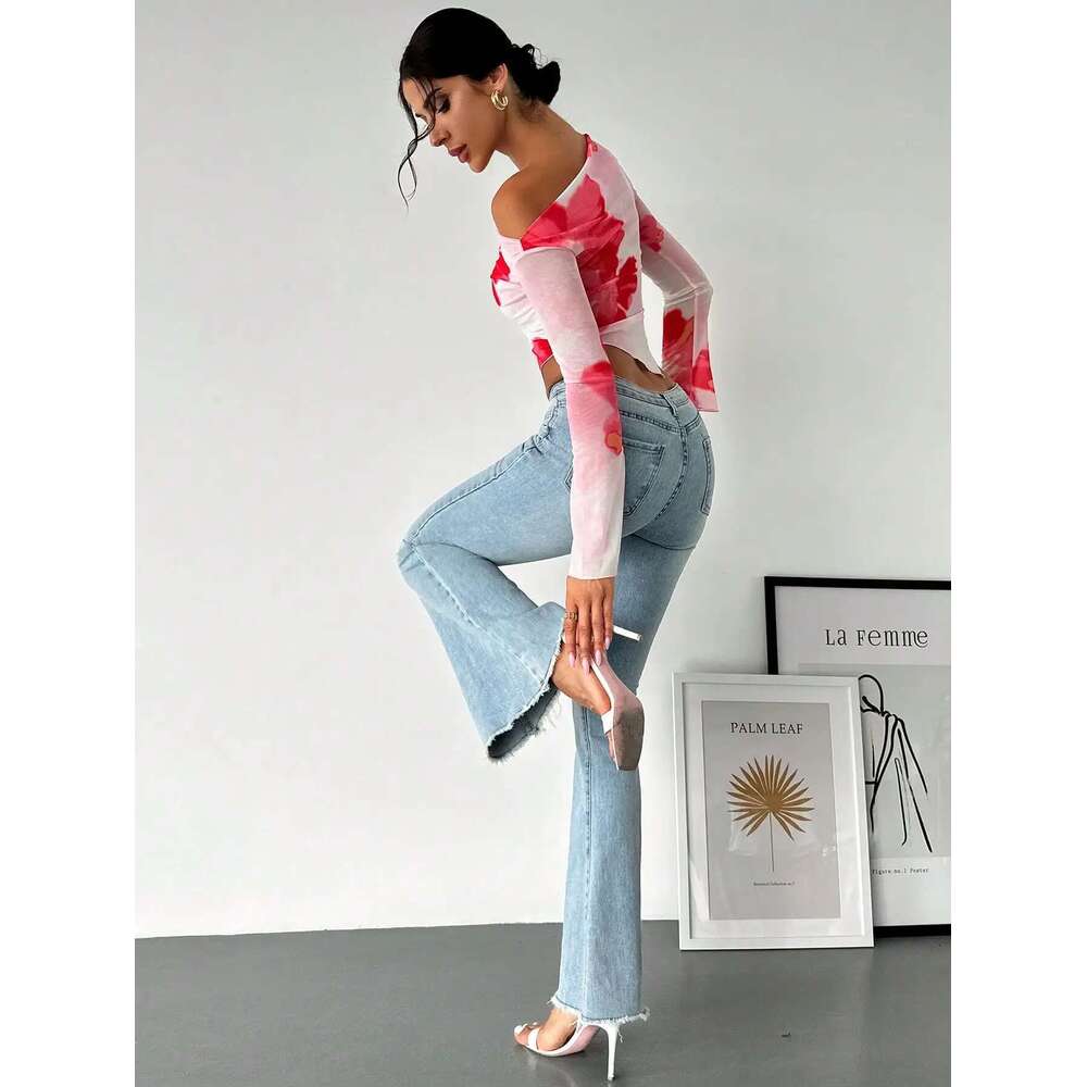 Sweet Spice Personality Style Mesh Print Diagonal Shoulder Long Sleeve Irregular Off-the-shoulder Short Top for Women