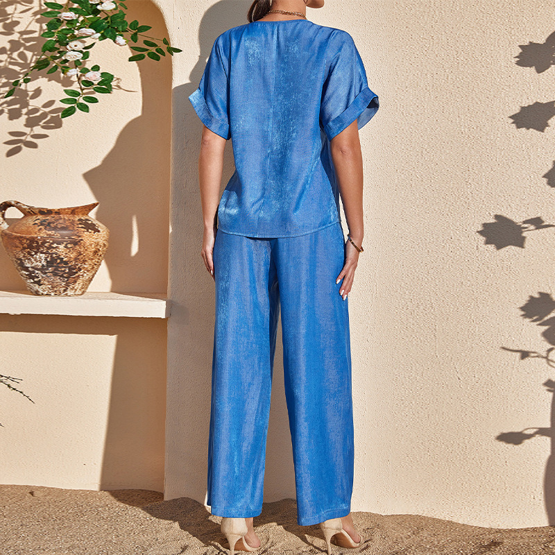 2025 new long pants short sleeved top two-piece set satin wide leg pants set