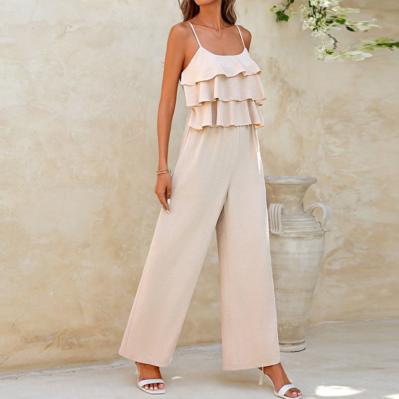 Womens style lotus leaf suspender jumpsuit 2025 spring and summer elegant long pants with wide legs