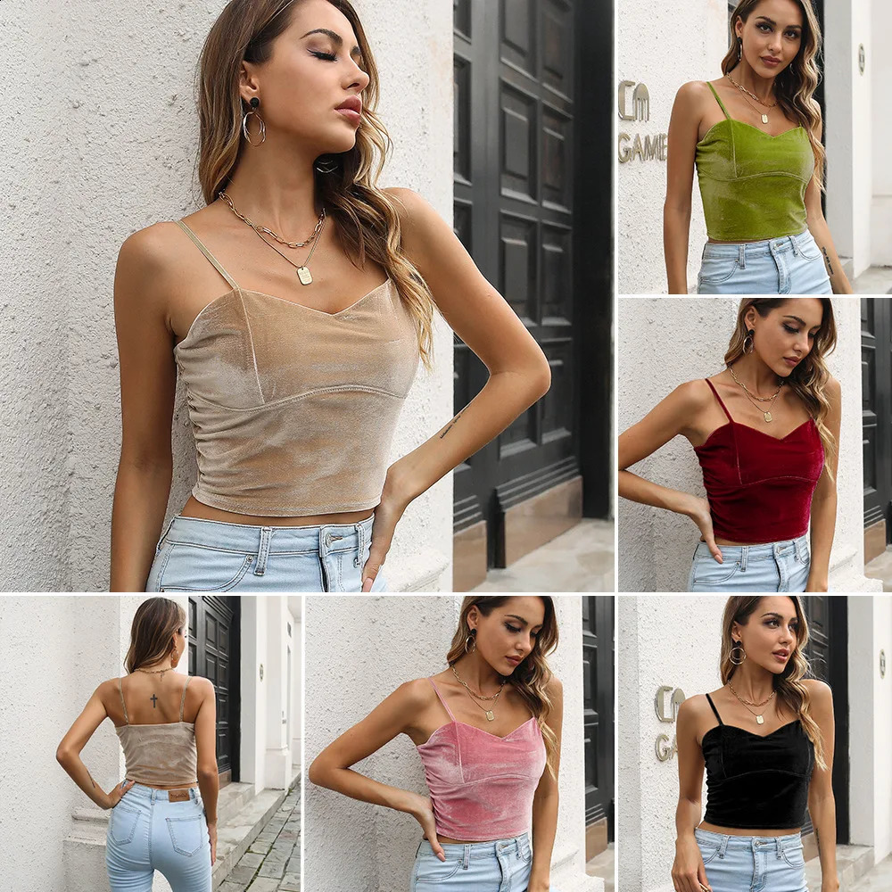 Womens sleeveless Camis Y2k clothing spaghetti shoulder strap tank top velvet suspender crop solid tight basic street 250407