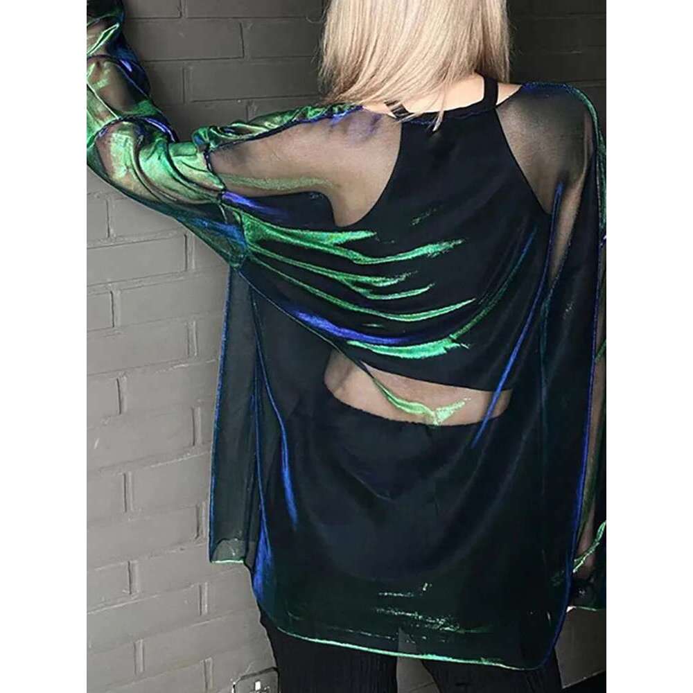 Solid See Through Tshirt Sexy Tops O-Neck Long Sleeve T Shirt For Women Clothing Club Y2k Aesthetic Egirl Tees